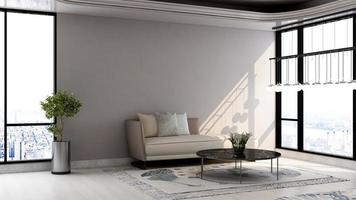 modernes wohnzimmer-innenarchitekturkonzept - komfortabler entspannungsraum in 3d-rendering foto