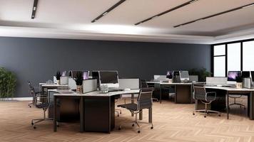 dunkles, modernes, minimalistisches büroarbeitsplatz-innendesign in 3d-rendering - offener arbeitsbereich foto