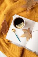 gemütliche komposition aus warmem pullover, weißem buch, tasse heißem tee und herbstblättern, draufsicht foto