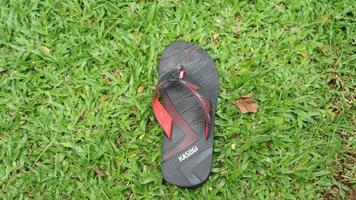 Entspannen Sie sich und ziehen Sie Ihre Sandalen auf dem grünen und frischen Gras aus foto