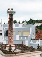 Störche auf dem Nest auf einem Schornstein in der Stadt Silves foto