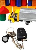 Tür, Fahrzeugschlüssel, LKW-Modell und Blockhaus foto