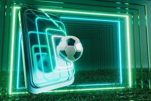 Fußballkugelobjekt, Sportballdesign, Fußballelementkonzept, 3D-Illustration, abstrakte Fußballtechnologie, 3D-realistische Darstellung, grüne Rasenfläche, Online-Sport live, Casino-Sportgeschäft foto