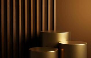 Zylindrischer goldener Podestfuß Luxus auf abstraktem goldenem Hintergrund. 3D-Rendering, 3D-Darstellung. foto