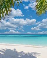 Tropical Resort Hotel Strandparadies. erstaunliche Natur, Küste, Ufer. sommerferien, reiseabenteuer. Luxusurlaubslandschaft, atemberaubende Ozeanlagune, Palmen des blauen Himmels. Entspannen Sie sich am idyllischen Strand foto