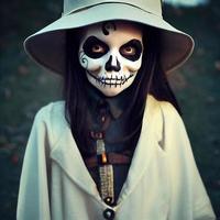 süßes kleines Mädchen mit Halloween-Make-up. gruseliges und gruseliges Make-up für Süßes oder Saures. foto