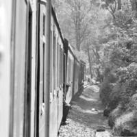 spielzeugeisenbahn, die sich am berghang bewegt, schöne aussicht, eine seite des berges, eine seite des tals, die auf der eisenbahn zum hügel fährt, inmitten grüner naturwälder. spielzeugeisenbahn von kalka nach shimla in indien-schwarz und weiß foto