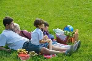 glückliche familie, die zusammen in einem picknick im freien spielt foto