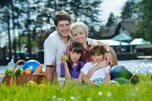 glückliche familie, die zusammen in einem picknick im freien spielt foto