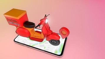 Scooter auf dem Handy mit rotem Pinpoint., Konzept des schnellen Lieferservice und Online-Shopping., 3D-Illustration mit Objekt-Beschneidungspfad. foto
