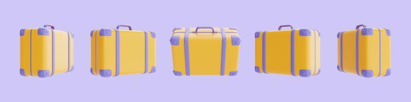 Satz gelber Koffer isoliert auf violettem Hintergrund, Tourismus und Reisen, 3D-Rendering foto