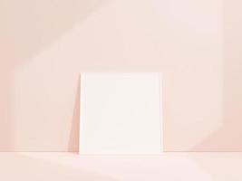 Saubere und minimalistische Vorderansicht quadratisches weißes Foto- oder Posterrahmenmodell, das an einer weißen Wand lehnt. 3D-Rendering. foto
