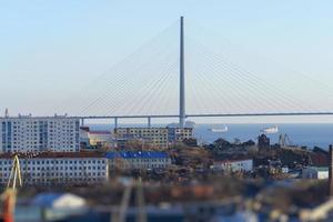 seelandschaft mit blick auf die küste und die russische brücke. foto