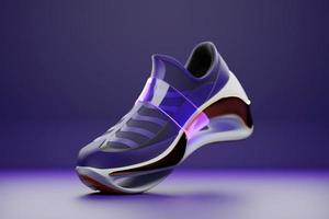 3D-Darstellung eines Konzeptschuhs für die Metaverse. Lila Sportstiefel-Sneaker auf hoher Plattform. foto
