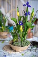 eleganter frühling, osterblumenarrangement aus narzissen, bei tageslicht zu hause auf den tisch gestellt. foto