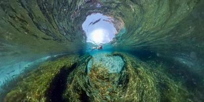 Mann beim Schnorcheln im Meer 360-Grad-Panorama foto