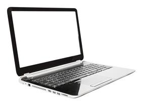 schwarzer Laptop mit ausgeschnittenem Bildschirm, isoliert auf weiss foto