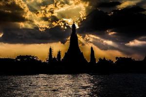 Silhouette von Wat Arun, Sonnenuntergang über Fluss.
