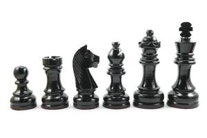 schwarze schachfiguren aus holz in absteigender reihenfolge isoliert auf weiß