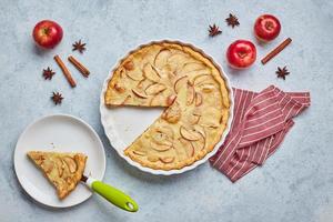 Hausgemachter Apfelkuchen mit Sauerrahmfüllung auf hellem Hintergrund, Draufsicht. foto