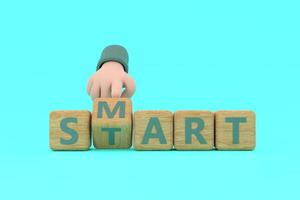Hand dreht Würfel und ändert das Wort Smart in Start. foto