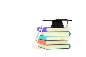 über Bildung mit einer Leiter, die an einem Stapel Bücher lehnt, mit einer Abschlusskappe darauf foto