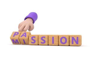 Hand würfelt und ändert das Wort Leidenschaft in Mission. foto