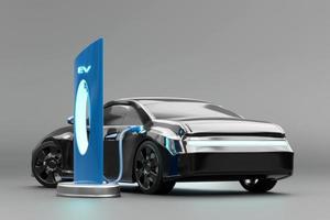 elektrofahrzeug ev-auto mit energiestation, die 3d-rendering auflädt foto