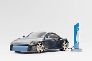 elektrofahrzeug ev-auto mit energiestation, die 3d-rendering auflädt foto