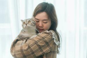 Eine junge Frau hält eine schöne Katze, die mit einer Katze spielt foto