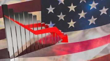 der Business-Chart-Pfeil nach unten auf der 3D-Darstellung des Hintergrunds der amerikanischen Flagge foto