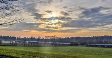 Blick auf ein landwirtschaftlich genutztes Feld mit grünem Gras. foto