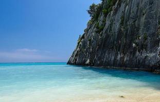 berühmter paradiesstrand xygia schwefel. blaue lagune weitwinkelansicht der felsigen küste, der flut, des blauen himmels und des weißen sandes auf der insel zakynthos, griechenland foto