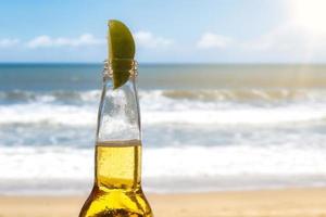 Bier mit Zitrone und Strand copyspace Hintergrund foto