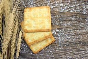 Vollkorncracker und gebrochen zerkleinert mit getrockneter Gerstenpflanze foto