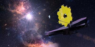 James Webb Weltraumteleskop auf Reisen und Erforschung des Weltraums. 3D-Darstellung foto