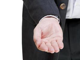 Geschäftsmann streckt Handvoll - Geste mit der Hand foto
