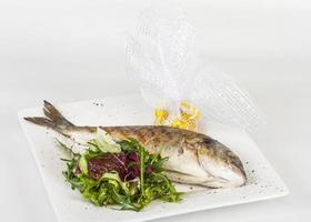 Dorada-Fisch mit Salat auf dem weißen Teller. Studioaufnahme foto