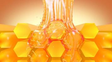 Gießen Sie Honig auf einen sechseckigen Stock mit Beschneidungspfad, 3D-Darstellung. foto