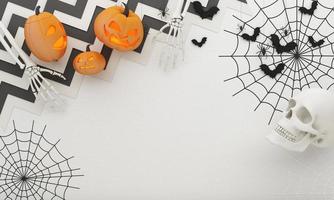 fröhliche halloween-partyplakate mit spinnennetzfledermaus mit kürbissen in der karikaturillustration. Vollmond und Boo-Geist mit menschlichem Hand- und Kopfskelett. Draufsichthintergrund der konkreten Beschaffenheit. 3D-Rendering foto