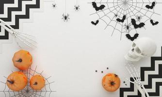 fröhliche halloween-partyplakate mit spinnennetzfledermaus mit kürbissen in der karikaturillustration. Vollmond und Boo-Geist mit menschlichem Hand- und Kopfskelett. Draufsichthintergrund der konkreten Beschaffenheit. 3D-Rendering foto