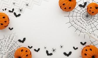 fröhliche halloween-partyplakate mit spinnennetzfledermaus mit kürbissen in der karikaturillustration. Vollmond und Boo-Geist mit menschlichem Hand- und Kopfskelett. Draufsichthintergrund der konkreten Beschaffenheit. 3D-Rendering