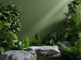 Steinplattform im tropischen Wald für Produktpräsentation und grüne Wand. 3D-Darstellungswiedergabe