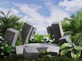 Betonpodest im Tropenwald zur Produktpräsentation dahinter Blick auf den Betonwürfel. 3D-Darstellungswiedergabe
