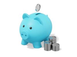 Blaues Sparschwein mit fallenden Münzen, Stapel von Münzen auf weißem Hintergrund. Symbol für die Anhäufung von Ersparnissen. 3D-Rendering. foto
