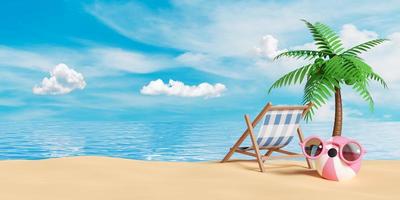 3D Strandkorb mit Palme, Meer, Kugel, Sonnenbrille, Wolke isoliert auf blauem Himmelshintergrund. sommerreisekonzept, 3d-renderillustration foto