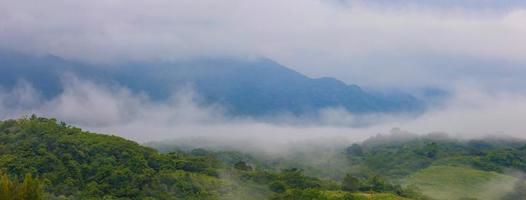 Nebel fließt durch das Gebirgstal des Khaoyai-Nationalparks im Morgenlicht während der Regenzeit, Thailand foto