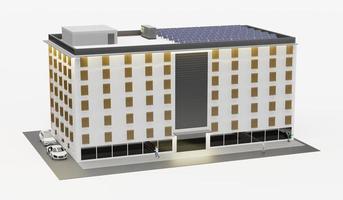 Mehrfamilienhausdach mit Sonnenkollektoren Ladegerät für Elektroautos im Gebäude Smart Home Solarhaus 3D-Darstellung foto