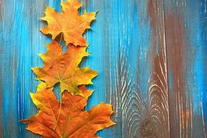 Rahmen aus bunten Herbstblättern auf blauem und braunem Holzhintergrund foto