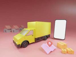 online-lieferservice-app-konzept, lieferwagen und handy mit karte. 3D-Rendering foto